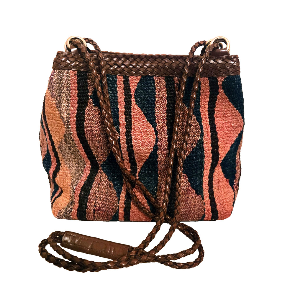 Vintage L J Simone Purse Woven Kilim Shoulder Braided Leather Strap Earth Tones
